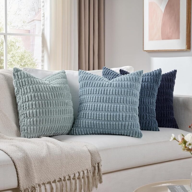 Set of 4 Blue Decorative Throw Pillow Covers 18x18 Inch for Couch Bed Chair, Modern Farmhouse Boho Room Decor, Soft Fuzzy Corduroy Textured Striped Coastal Blue Cushion Case 45cm