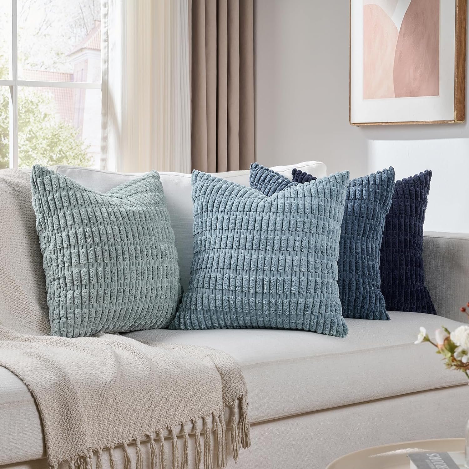 Set of 4 Blue Decorative Throw Pillow Covers 18x18 Inch for Couch Bed Chair, Modern Farmhouse Boho Room Decor, Soft Fuzzy Corduroy Textured Striped Coastal Blue Cushion Case 45cm