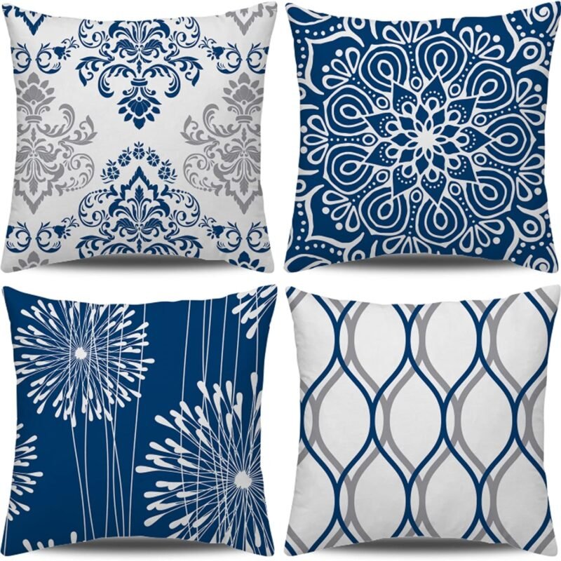 Decorative Throw Pillow Covers 18x18 Set of 4, Blue Modern Simple Square Pillow Case Cushion Cover for Sofa Couch Farmhouse Outdoor Living Room (Blue, 18"x18")