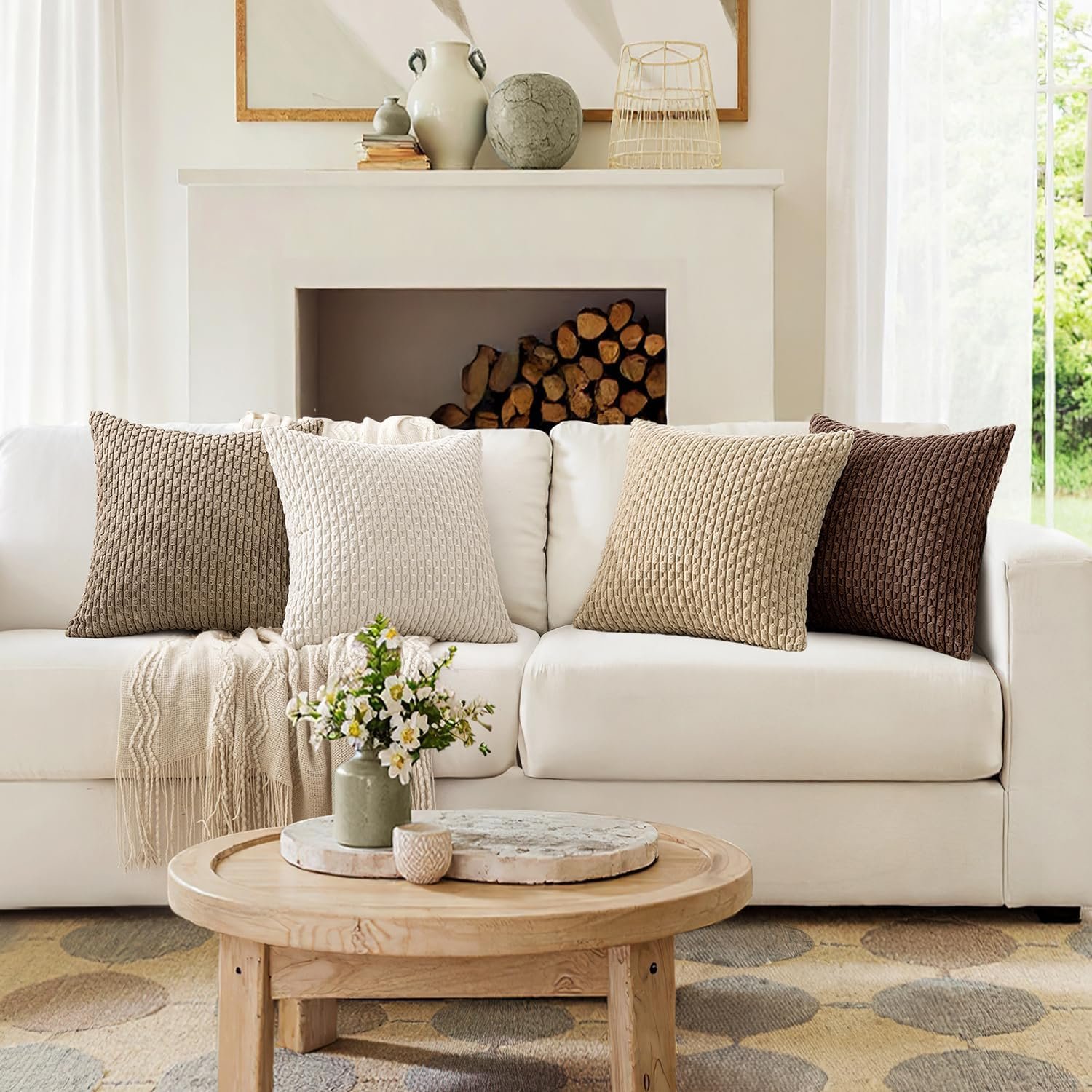 Throw Pillow Covers Soft Couch Decorative Set of 4 Boho Striped Cushion Covers Corduroy Pillowcases Farmhouse Accent Home Decor for Couch Bed Sofa Living Room 18x18 Inch Brown - Image 2