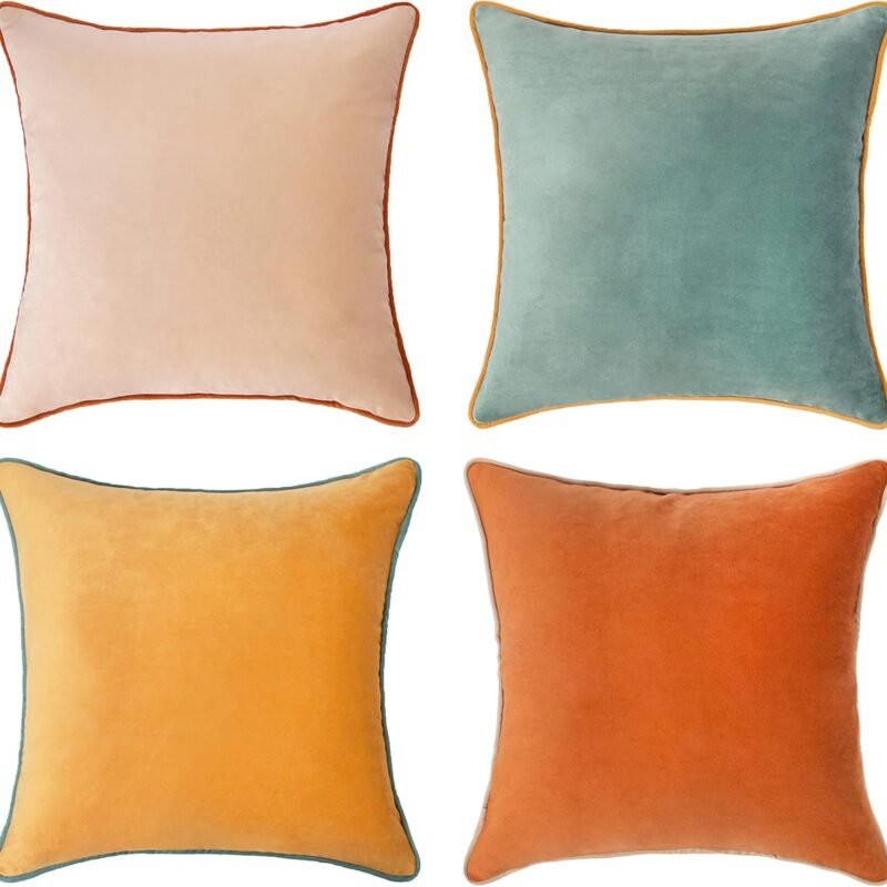 Decorative Throw Pillow Covers Cushion Cases, Set of 4 Soft Velvet Modern Double-Sided Designs, Mix and Match for Home Decor, Pillow Inserts Not Included (18x18 inch, Orange/Teal)