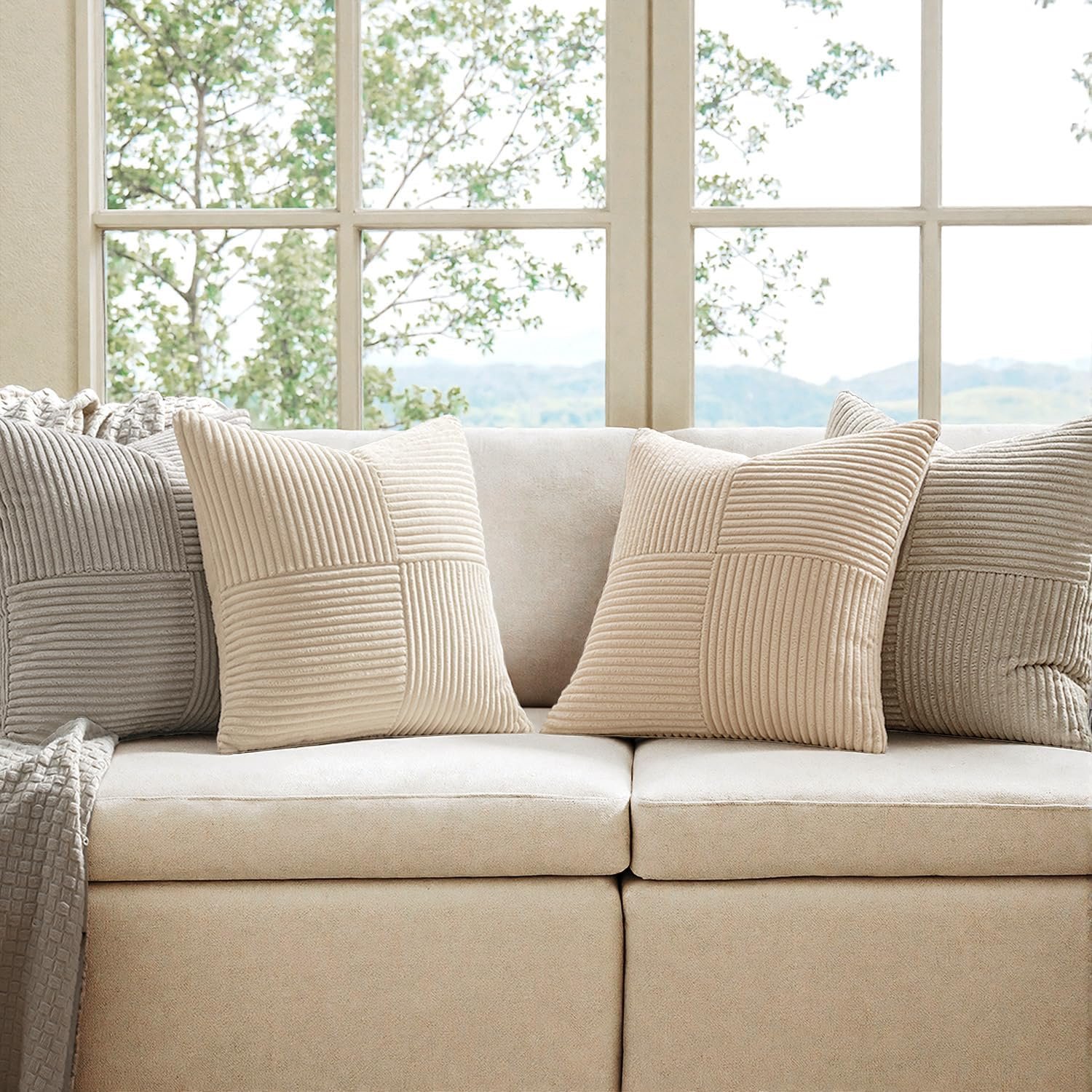 Neutral Decorative Throw Pillow Covers 18x18 Inch Set of 4 for Livingroom Couch Sofa Modern Farmhouse Soft Corduroy Cushion Cases Striped Patchwork Home Decor (Cream,Grey) - Image 2