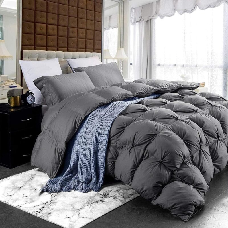 Luxurious Heavyweight Goose Down Feather Fiber Comforter Duvet Insert, Exquisite Gray Pinch Pleat Design, Oversize Palatial King 120 x 98, Premium Baffle Box 100% Egyptian Cotton, 95 oz Fill Weight