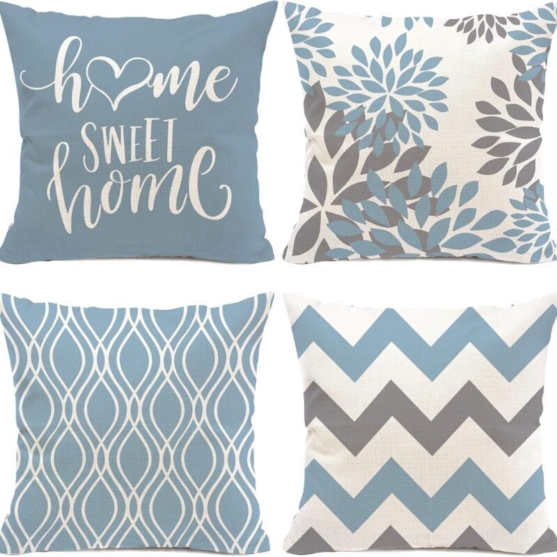 Hexagram Geometric Aqua Blue Pillow Covers 18x18 Set of 4, Decorative Outdoor Boho Modern Throw Pillow Covers, Home Sweet Home Farmhouse Cushion Case for Couch Sofa Bedroom Indoor Decor(No Insert)