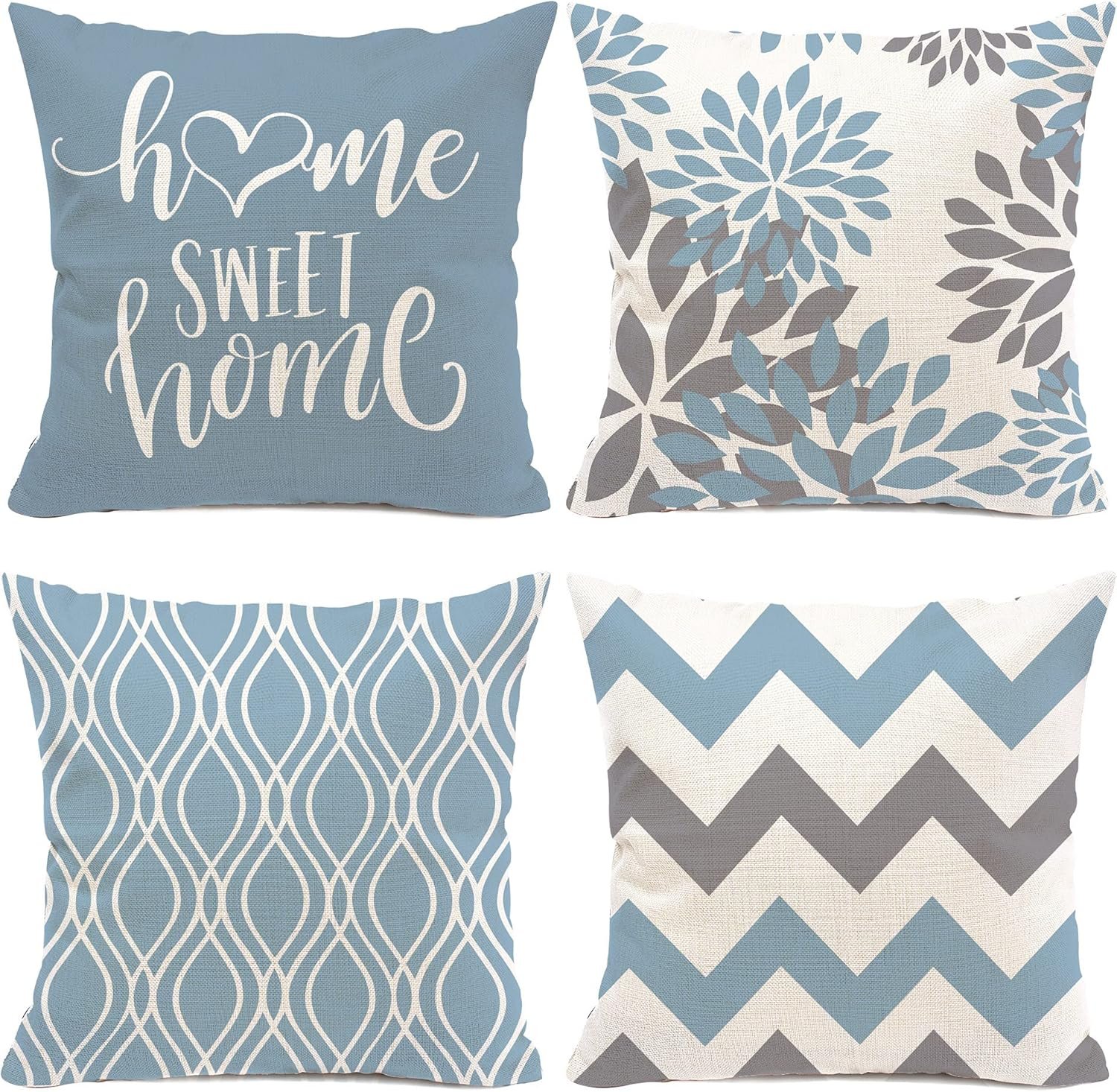Hexagram Geometric Aqua Blue Pillow Covers 18x18 Set of 4, Decorative Outdoor Boho Modern Throw Pillow Covers, Home Sweet Home Farmhouse Cushion Case for Couch Sofa Bedroom Indoor Decor(No Insert)
