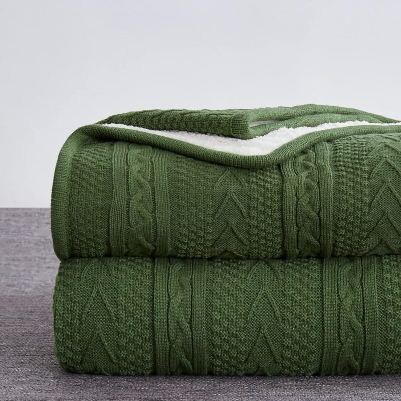 bedding Olive Green Acrylic Cable Knit  Throw Blanket - Thick, Soft, Big, Cozy Olive Green Knitted Fleece Blankets for Couch, Sofa, Bed - 50 x 63 Inches