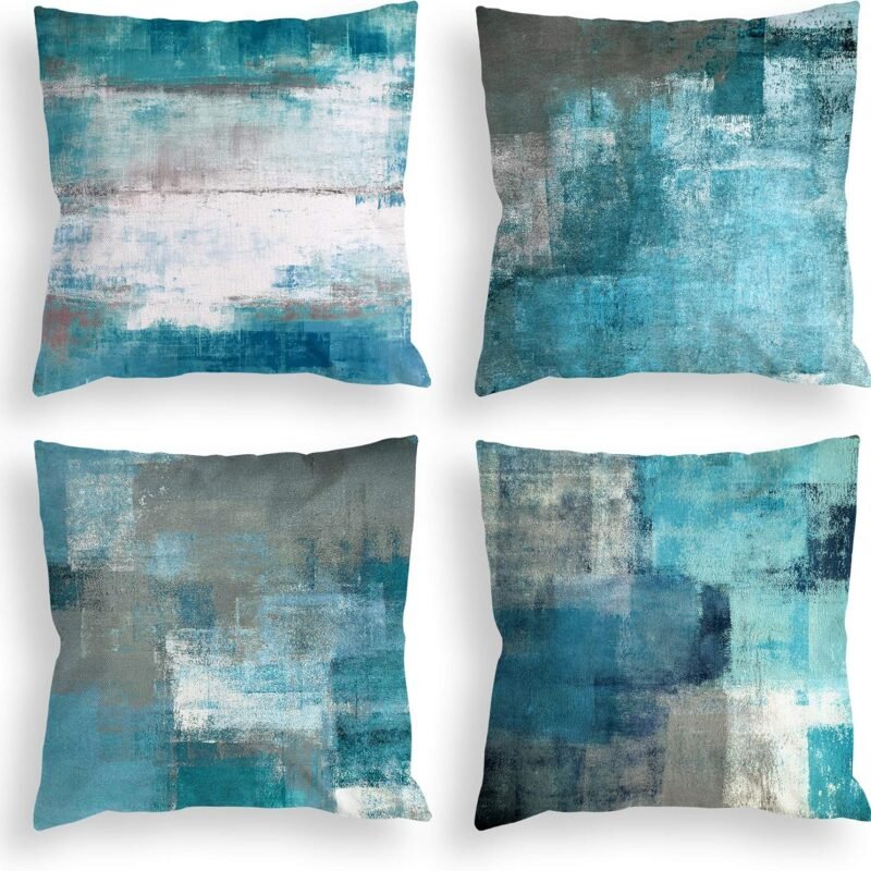 Teal Throw Pillow Covers 18x18 Set of 4 Decorative Cushion Cover Turquoise Grey Abstract Art Painting Pillowcase for Sofa Bedroom Living Room Décor