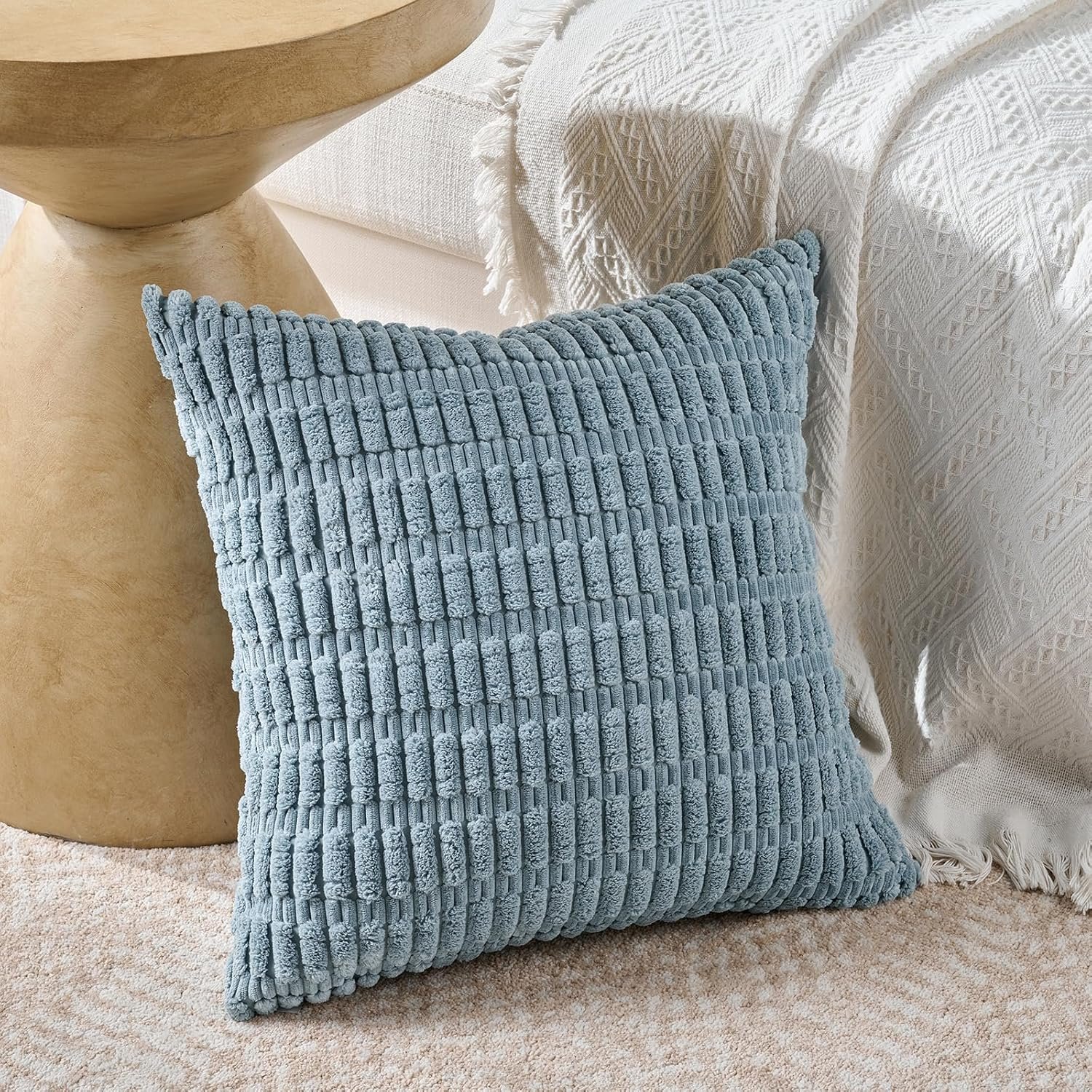 Set of 4 Blue Decorative Throw Pillow Covers 18x18 Inch for Couch Bed Chair, Modern Farmhouse Boho Room Decor, Soft Fuzzy Corduroy Textured Striped Coastal Blue Cushion Case 45cm - Image 2