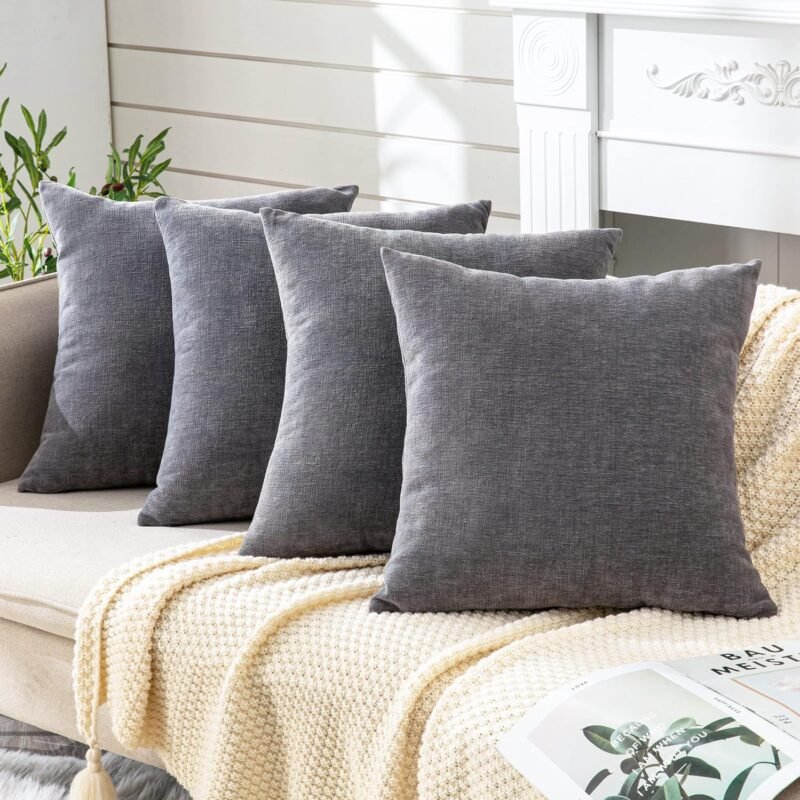 Decorative Square Throw Pillow Covers 18"x18" Inch Set of 4, Super Soft Chenille Pillows Cover Fall Pillowcase for Living Room Bedroom Sofa Couch Cushion Cover Grey 45x45cm (No Insert)